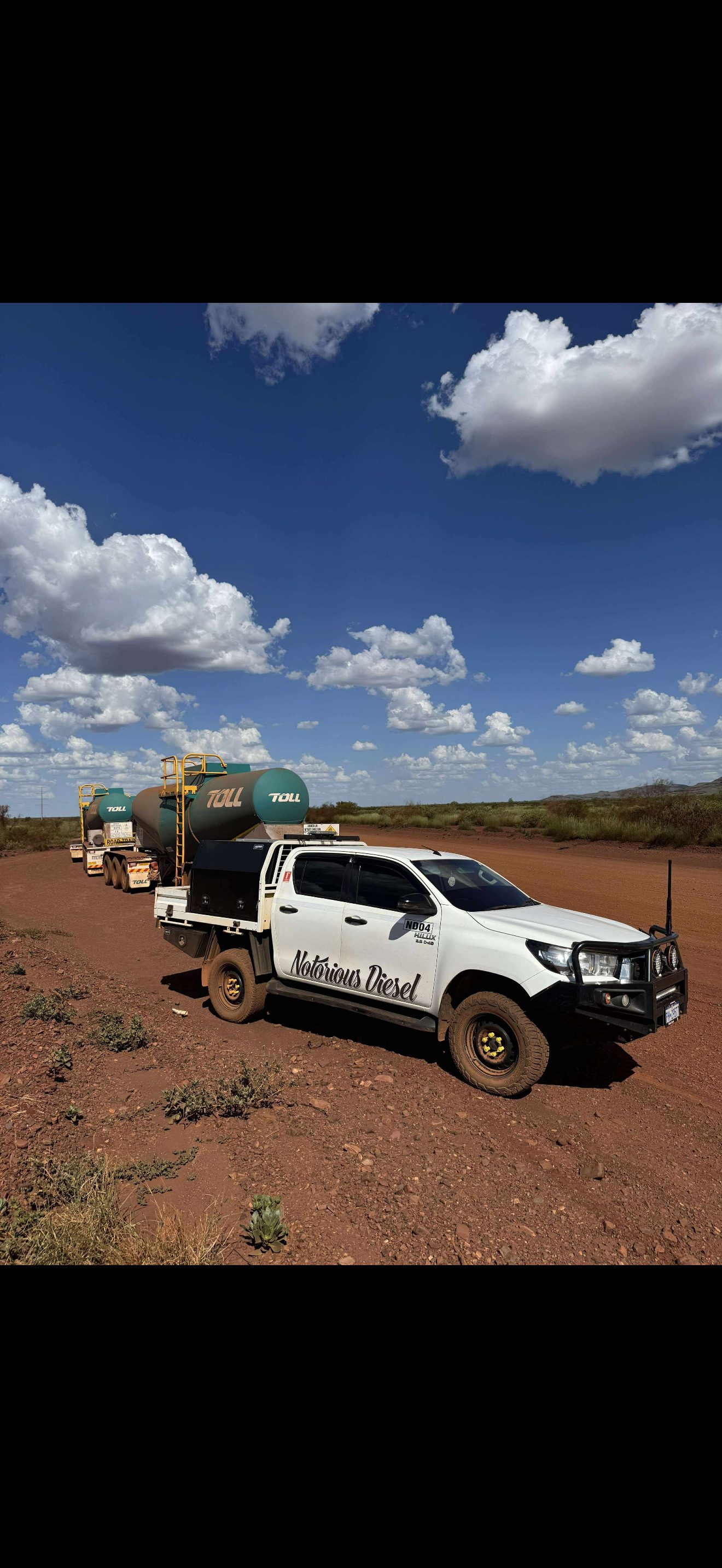 Notorious Diesel ute on a Pilbara mine site with fuel tankers behind it